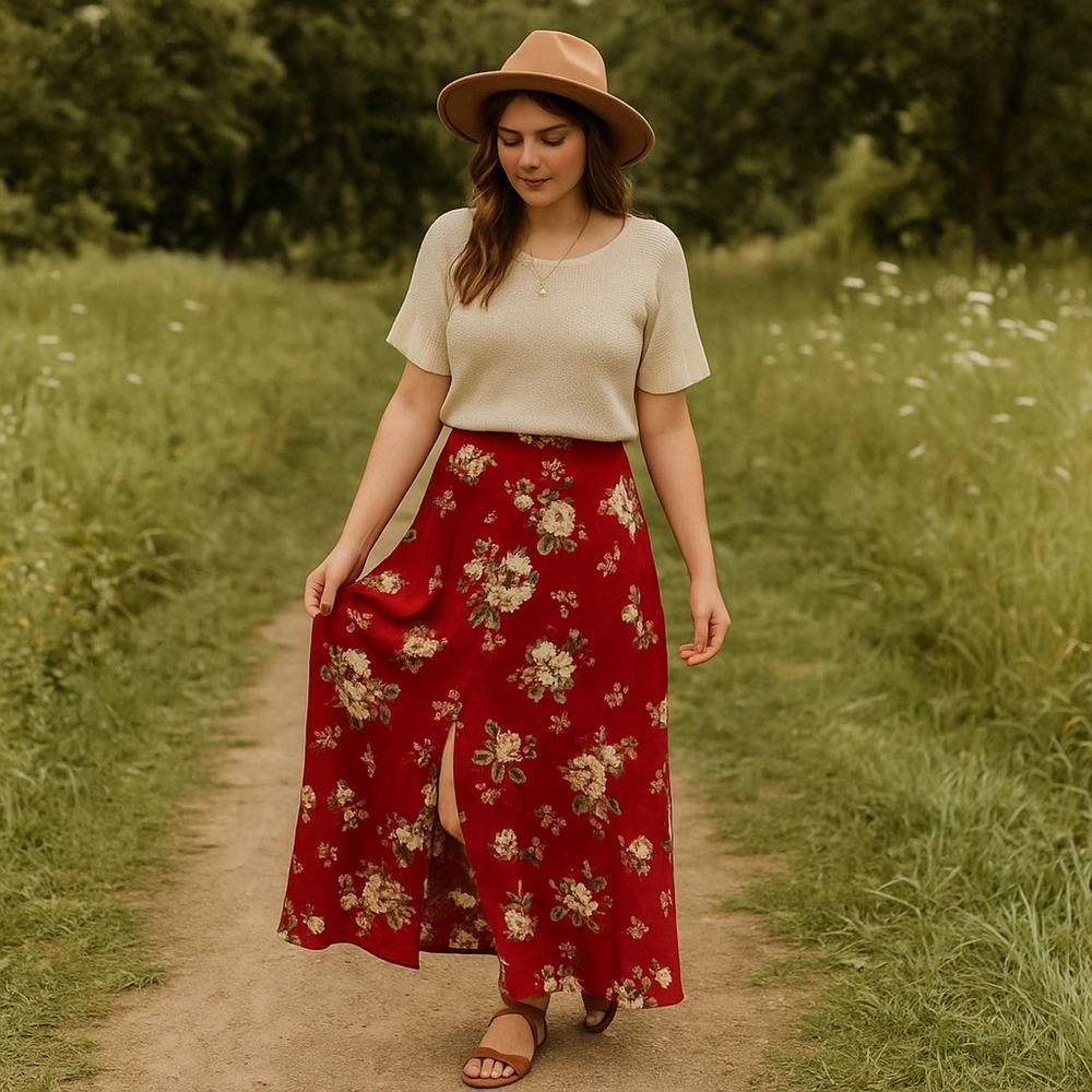 Romantic‎ Red Floral Flowy Maxi Skirt Lace + Whiskey Medium| Boho Cottagecore